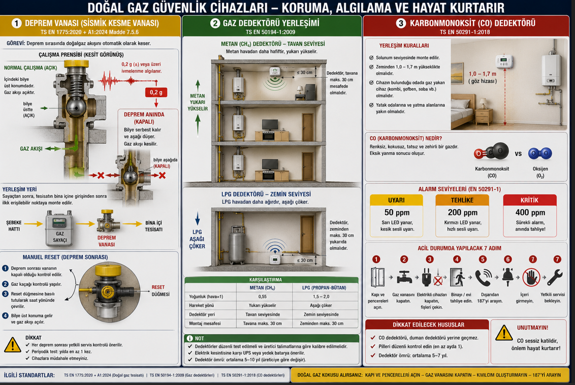 Dogalgaz guvenlik cihazlari - deprem vanasi sismik kesici bina giris konumu ve ivme tetikleme mekanizmasi, metan dedektoru tavan konumu ve CO dedektoru oda konumu