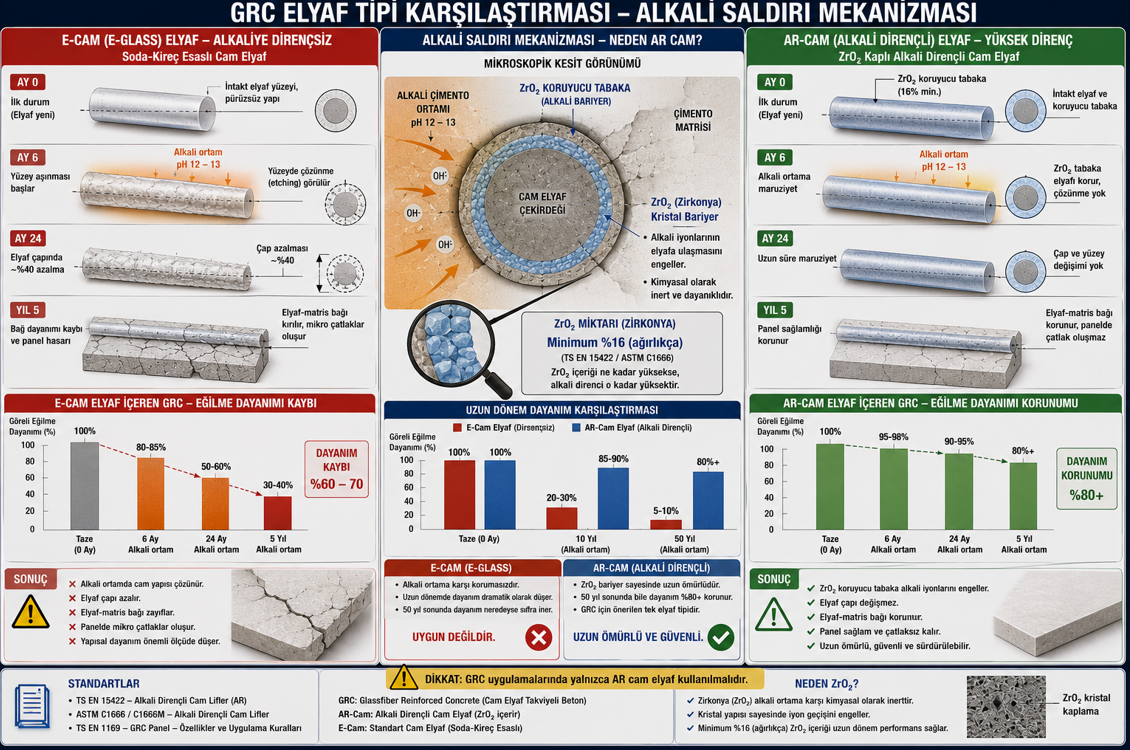 GRC alkali direncli cam elyaf karsilastirmasi — E-cam elyafin cimento alkalisi (pH 12-13) icinde aylar icinde cozunme mekanizmasi ve AR cam elyafin ZrO2 koruyucu bariyer ile alkaliye direnc gosterme kesiti, 5 yil sonra panel egilme dayanimi karsilastirmasi