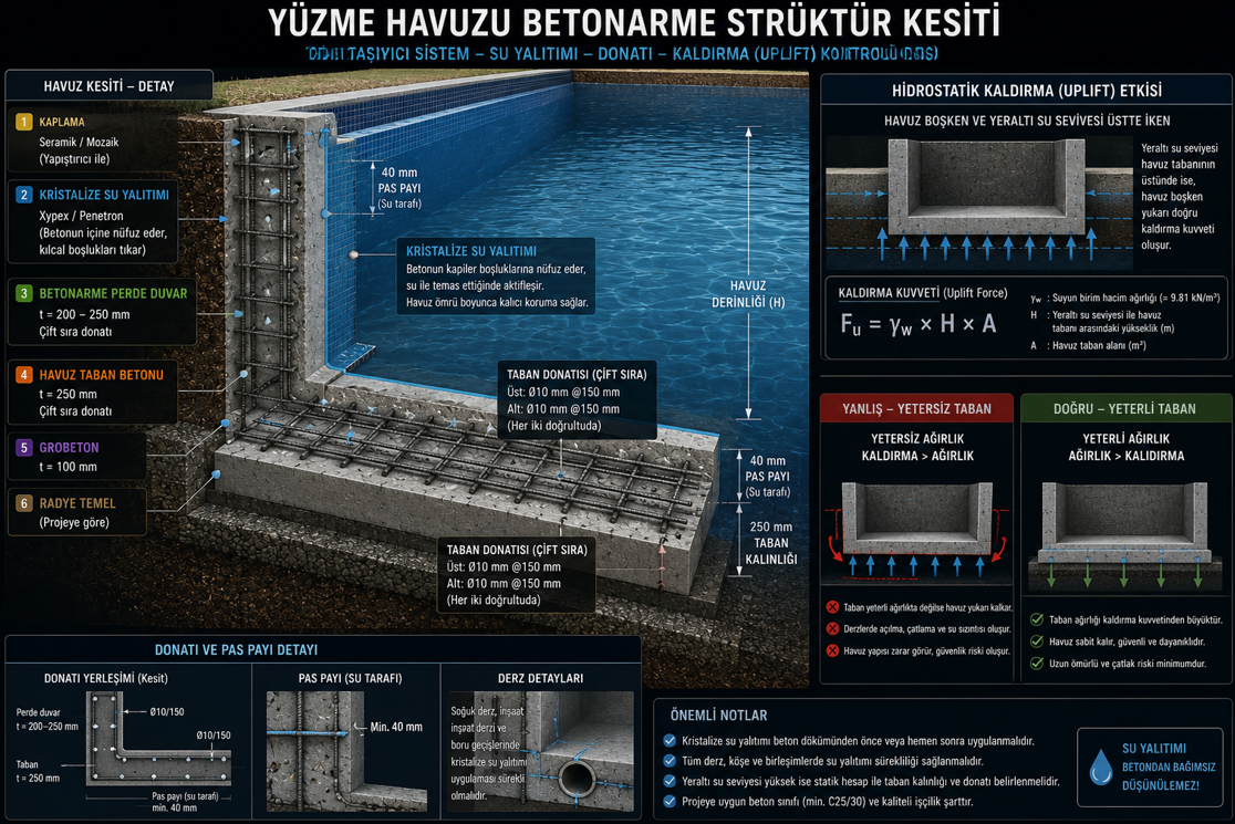 Havuz betonarme yapısal kesit — duvar ve taban kalınlıkları, çift donatı ağı, su/çimento oranı ve kristalize katkı uygulaması, boş havuzda hidrostatik zemin suyu basıncı mekanizması