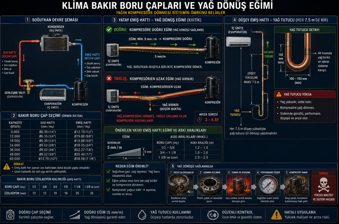 Klima bakır boru boyutlandırması — sıvı hattı ve emiş hattı çap seçimi tablosu, yağ dönüş eğim yönü şeması ve dikey yükseltici yağ tuzağı konumu ile yanlış eğim yönünde yağ birikme ve kompresör hasarı mekanizması