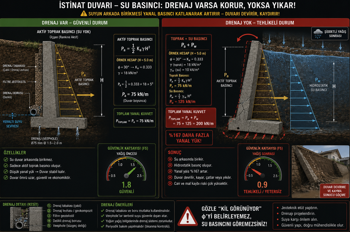 İstinat duvarı su basıncı etkisi — drenajlı ve drenajsız duvar karşılaştırması, hidrostatik basınç diyagramı, drenaj sistemi olmayan duvarda toplam yük artışı ve güvenlik katsayısı düşüşü