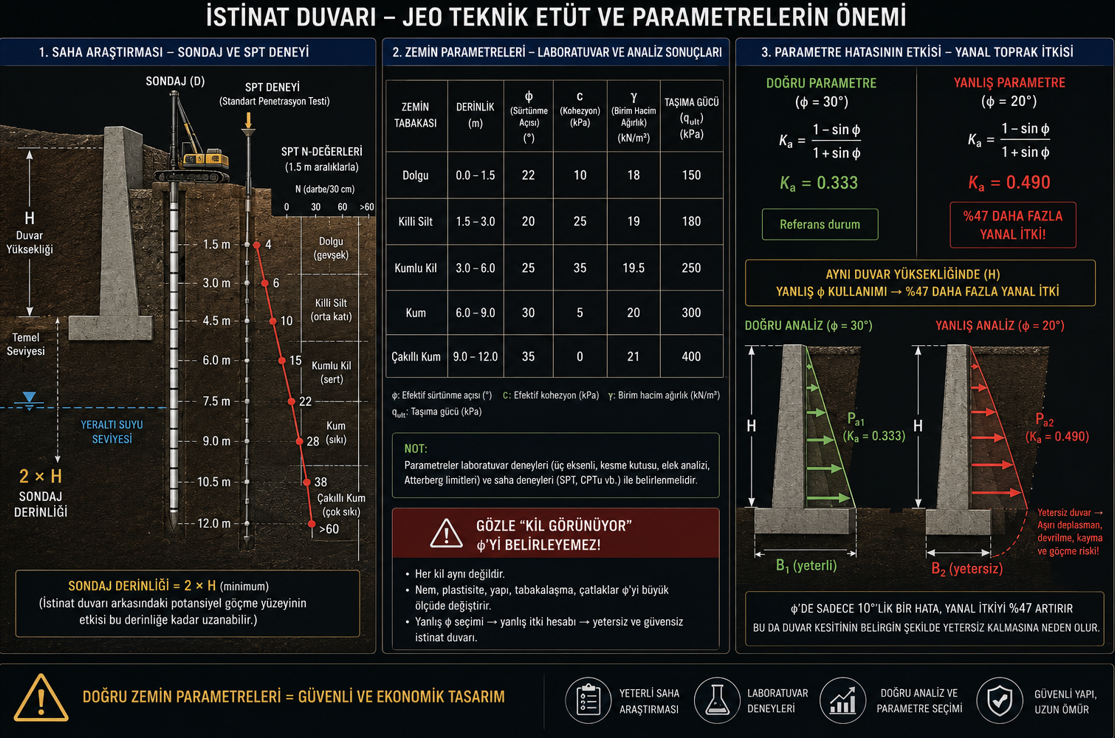 İstinat duvarı zemin etüdü gereksinimleri — sondaj derinliği kuralı, SPT N değeri korelasyonları, φ ve c zemin parametrelerinin belirlenmesi ve tasarım için kritik parametreler tablosu