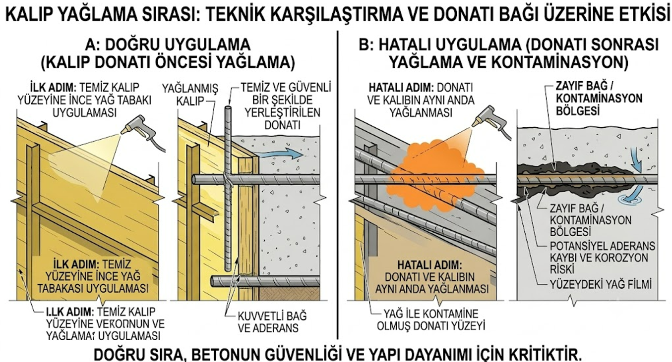 Kalıp yağlanması doğru sıra — kalıp yüzeyi donatı yerleştirilmeden önce yağlanmalı, demire yağ bulaşması aderansı sıfırlar