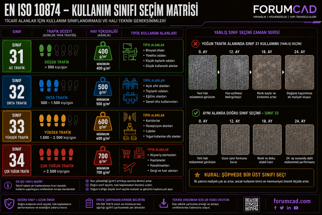 EN ISO 10874 karo halı kullanım sınıfları karşılaştırma matrisi — Class 31 ila 34 ticari sınıflar için günlük yaya trafiği yoğunluğu, hav ağırlığı minimumları ve tipik kullanım alanları; yanlış sınıf seçiminin 3 yıllık görünüm bozulma zaman serisi