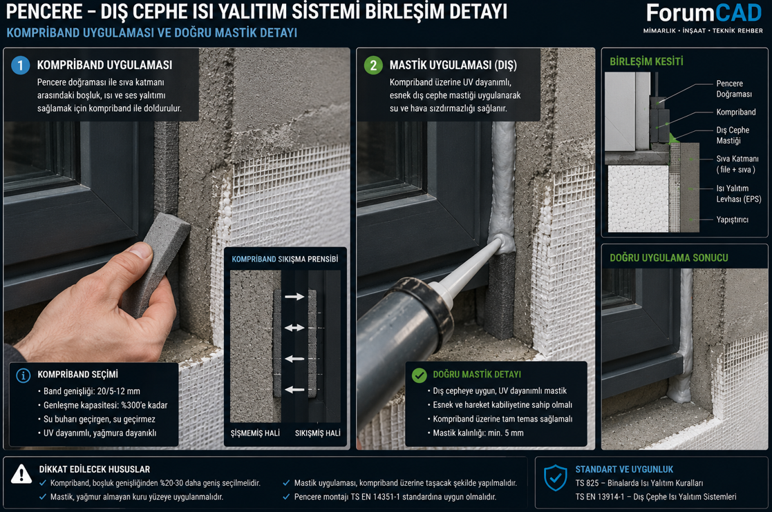 Mantolama sistemi pencere birleşim detayı — kompriband genleşme bandı uygulaması ve ısı köprüsü önleme profili