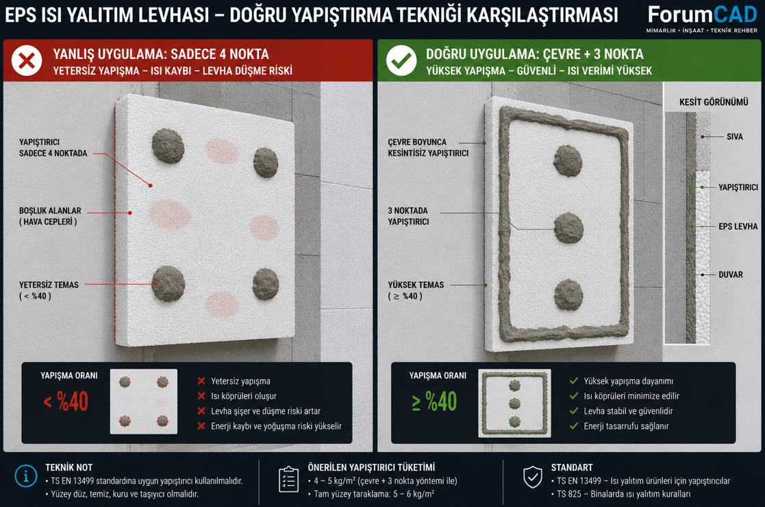 EPS mantolama levhası yapıştırıcı uygulama yöntemleri — nokta-çevre yöntemi ile tam yüzey uygulama karşılaştırması