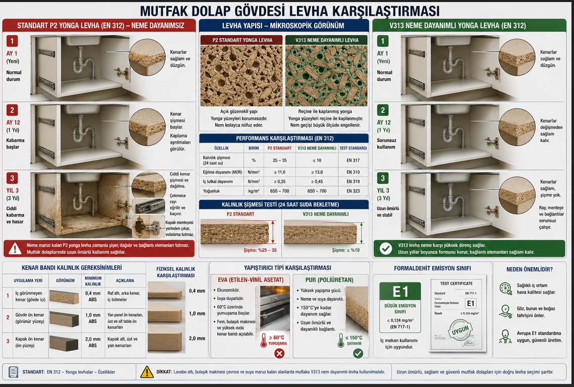 Mutfak dolabi govde levhasi kalinlik ve nem direnci siniflandirmasi — standart yonga levha ile nemli ortam V313 yonga levha karsilastirmasi, kenar bant kalinliklari ve yapistirma yontemi, formaldehit sinifi E1 ve E0 etiketi