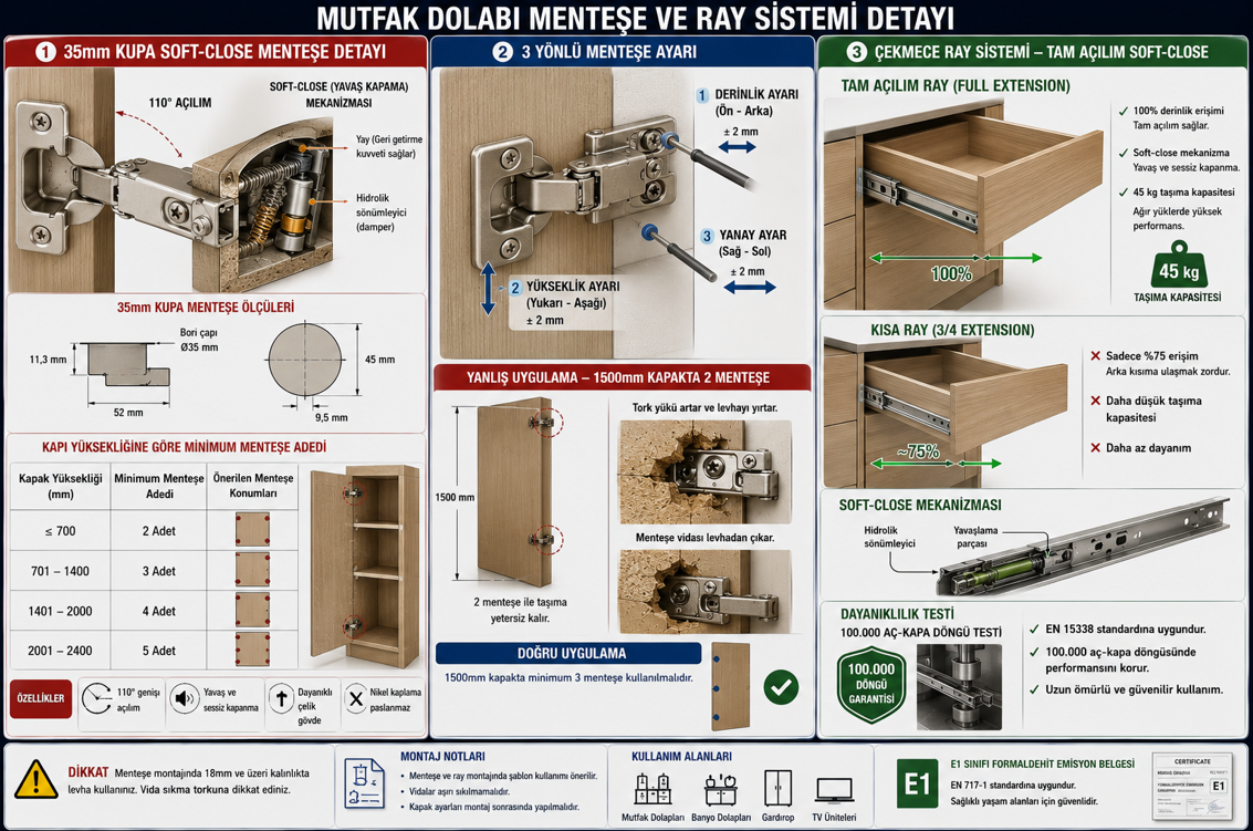 Mutfak dolabi mentese sistemi karsilastirmasi — 35 mm kupa soft-close mentese acilim geometrisi, kapi yuksekligine gore mentese adedi tablosu ve lavabo ontu aciları, yukleme sinifi ve minimum yuk kapasitesi, yanlis mentese hatalari