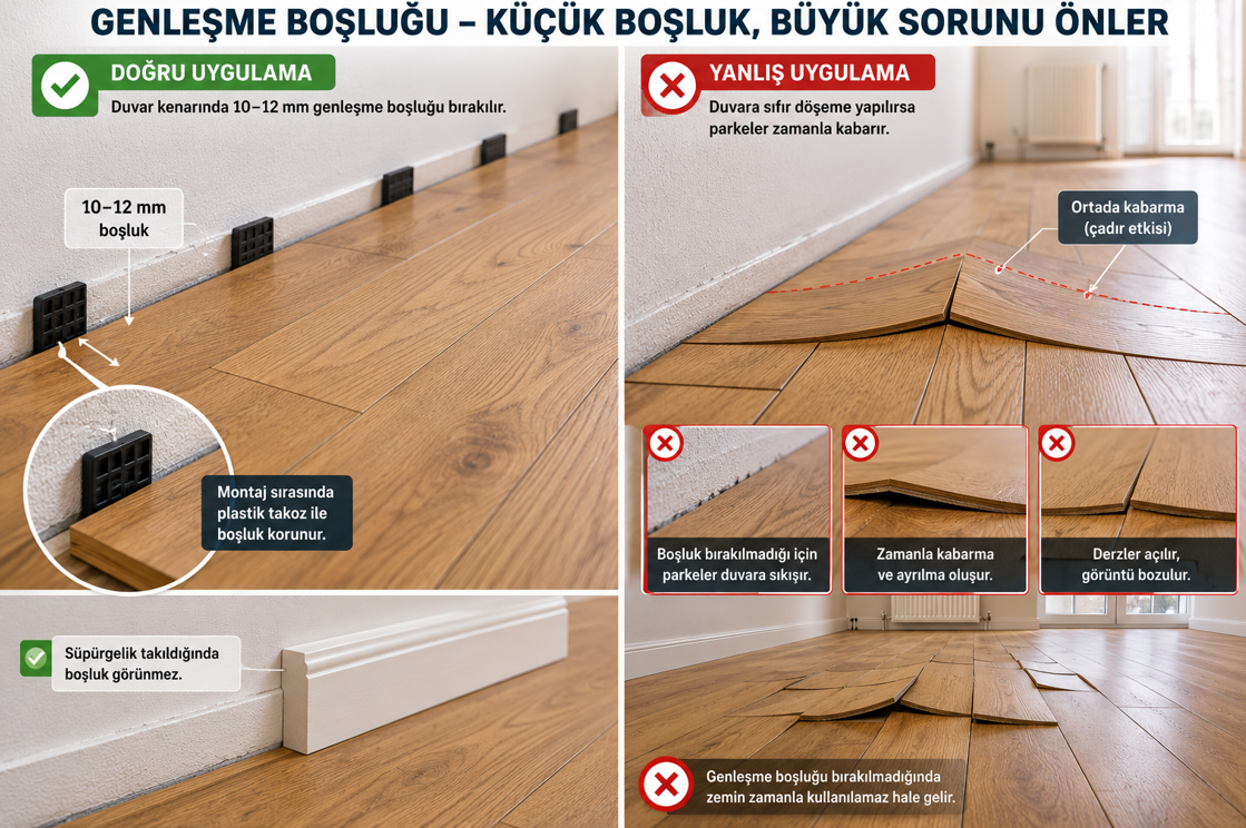 Ahşap parke genleşme boşluğu detayı — duvara 10-12 mm boşluk bırakma, takoz ile sabitleme ve süpürgelikle gizleme tekniği ile boşluksuz burkuşmuş parke karşılaştırması