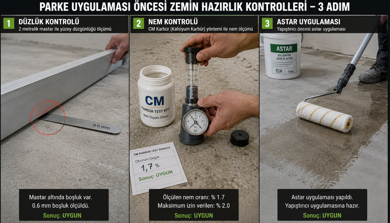 Ahşap parke öncesi alt zemin hazırlığı — 2 metre mala ile düzlük kontrolü, çekme testi ve primer astar uygulaması