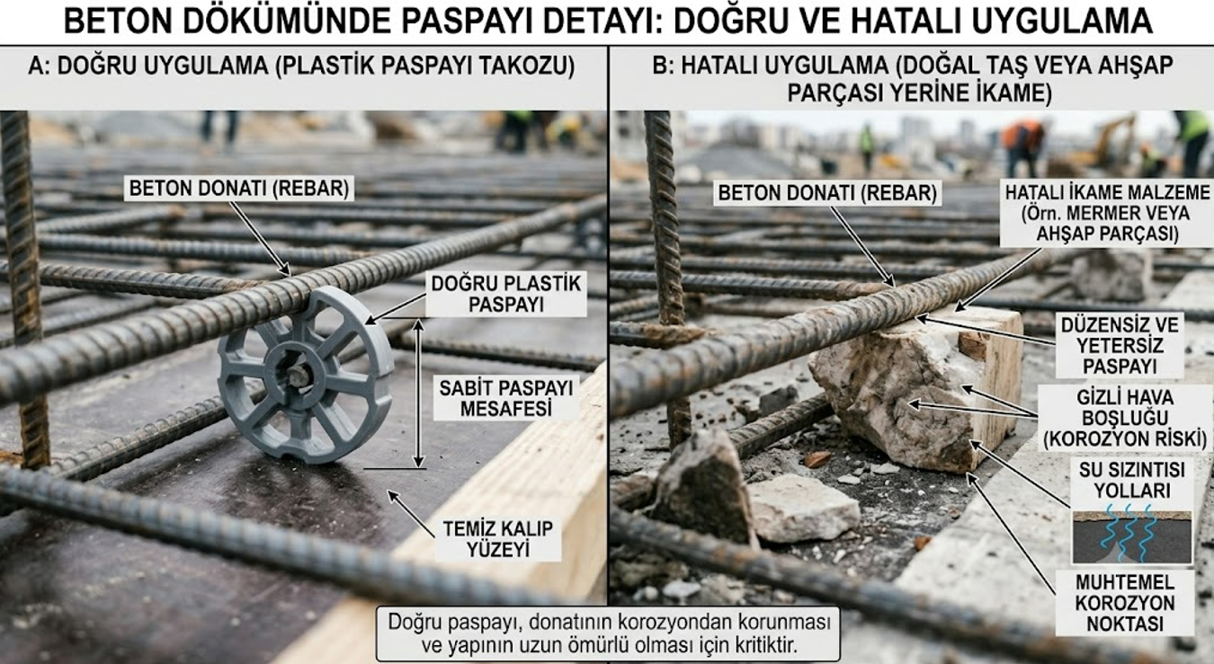 Sert plastik paspayı takozu ile yasak olan mermer/ahşap parça karşılaştırması — donatı korozyonu riski detayı