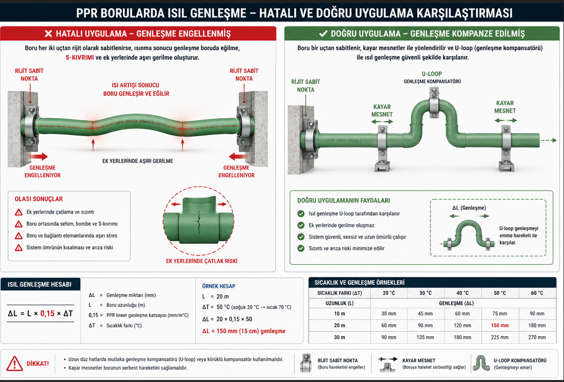 PPR boru ısıl genleşme kompansasyonu — sabit ve kayar askı kombinasyonu, genleşme döngüsü (U-boru) detayı ve yanlış sabitleme ile boru eğilmesi karşılaştırması