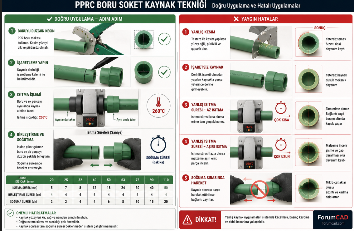 PPR soket kaynağı tekniği — ısıtma süresi, birleştirme süresi ve soğutma süresi tablosu çap bazında, doğru ve hatalı kaynak kesit karşılaştırması