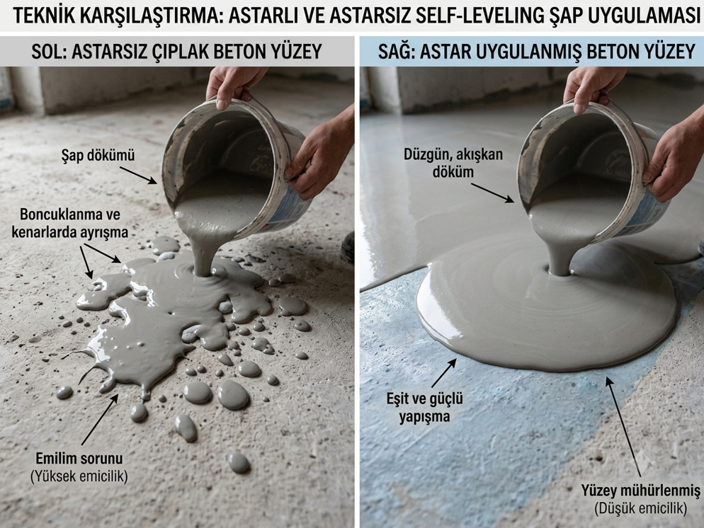 Self-leveling şap öncesi primer astar uygulaması — astarsız yüzey ile astarlı yüzey aderans karşılaştırması
