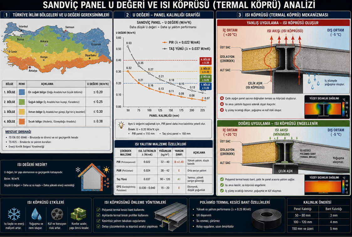 Sandwich panel U-değeri hesabı — panel kalınlığına göre U-değeri grafiği, PIR ve kaya yünü çekirdek karşılaştırması ve Türkiye iklim bölgelerine göre minimum U-değeri gereksinimleri