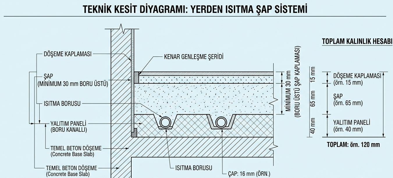 Yerden ısıtmalı şap kesit detayı — ısıtma borusu, boru üstü minimum 30mm şap katmanı ve yalıtım plakası ölçülendirmesi