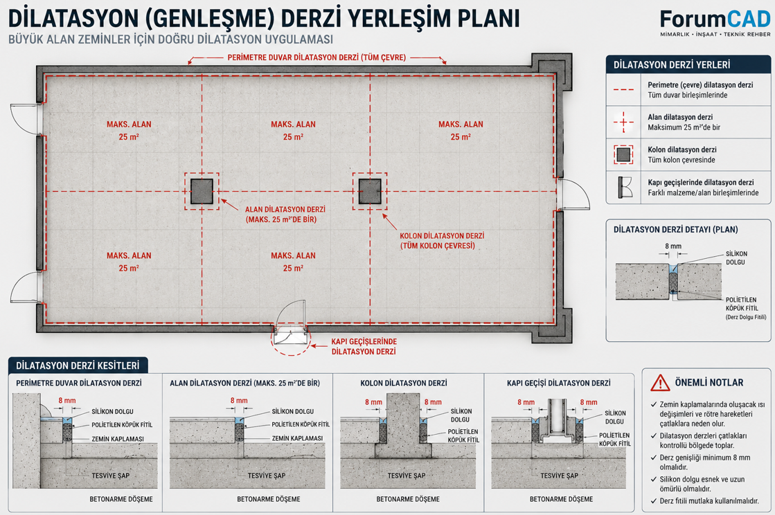 Seramik kaplama dilatasyon derzi yerlseim plani - her 25 metre kare ve kose, kapi gecisleri, kolon dipleri dilatasyon noktalari