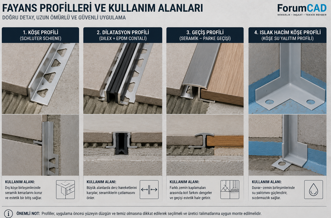 Seramik kaplamalarda dilatasyon profili cesitleri — Schluter Dilex, kose profili Jolly, gecis profili ve islak hacim kenar profili montaj detaylari