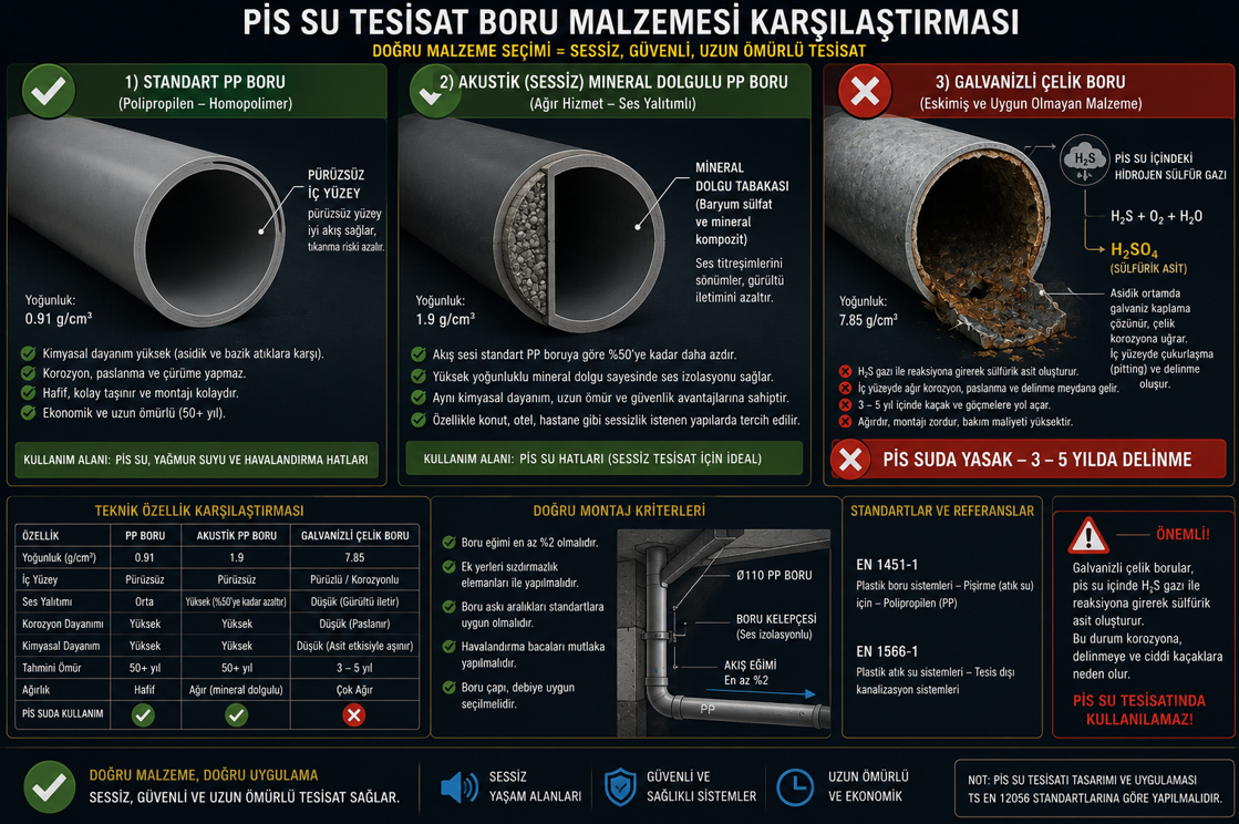 Sıhhi tesisat boru malzeme karşılaştırması — PP polipropilen, PVC-U ve akustik mineral dolgulu PP boru kesit detayları, galvanize boru korozyon mekanizması ve kullanım alanı tablosu