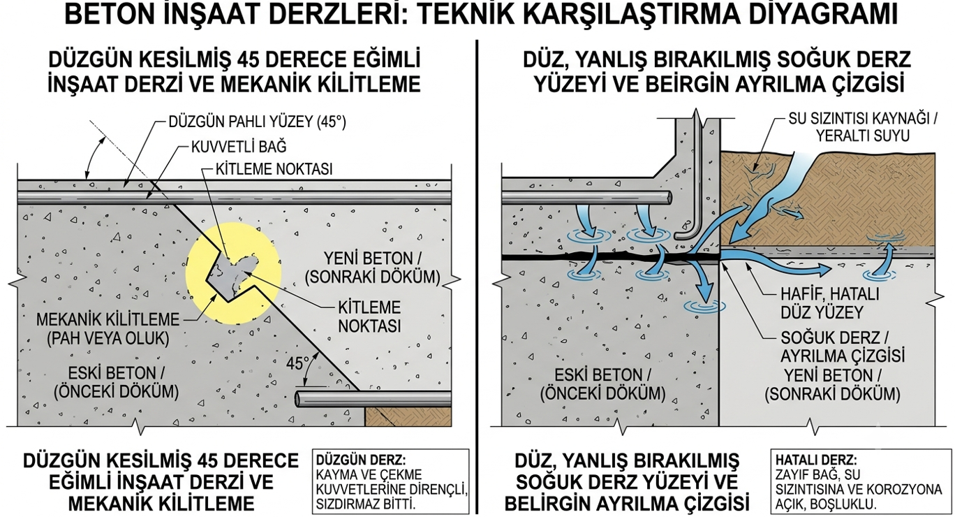 Soğuk derz oluşumu — 45 derece eğimli/dişli bırakılmış beton kesme yüzeyi ile dümdüz bırakılmış hatalı yüzey karşılaştırması