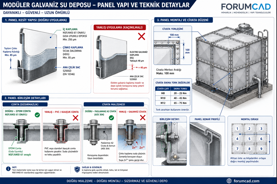 Modüler galvaniz su deposu panel yapısı ve galvanizasyon katman kesiti — hot-dip galvaniz kaplama minimum 85 µm kalınlık EN ISO 1461, çinko tabakası yapısı, panel bağlantı sistemi ve iç kaplama gereksinimleri karşılaştırması