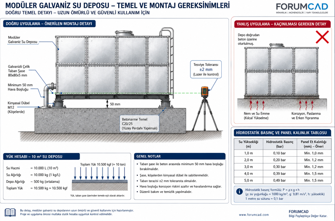 Modüler galvaniz su deposu temel gereksinimleri — C20 beton temel boyutlandırması ve zemin yük hesabı, ±2 mm seviye toleransı, çelik alt çerçeve sistemi ve beton zemin arasında su drenajı boşluğu detayı
