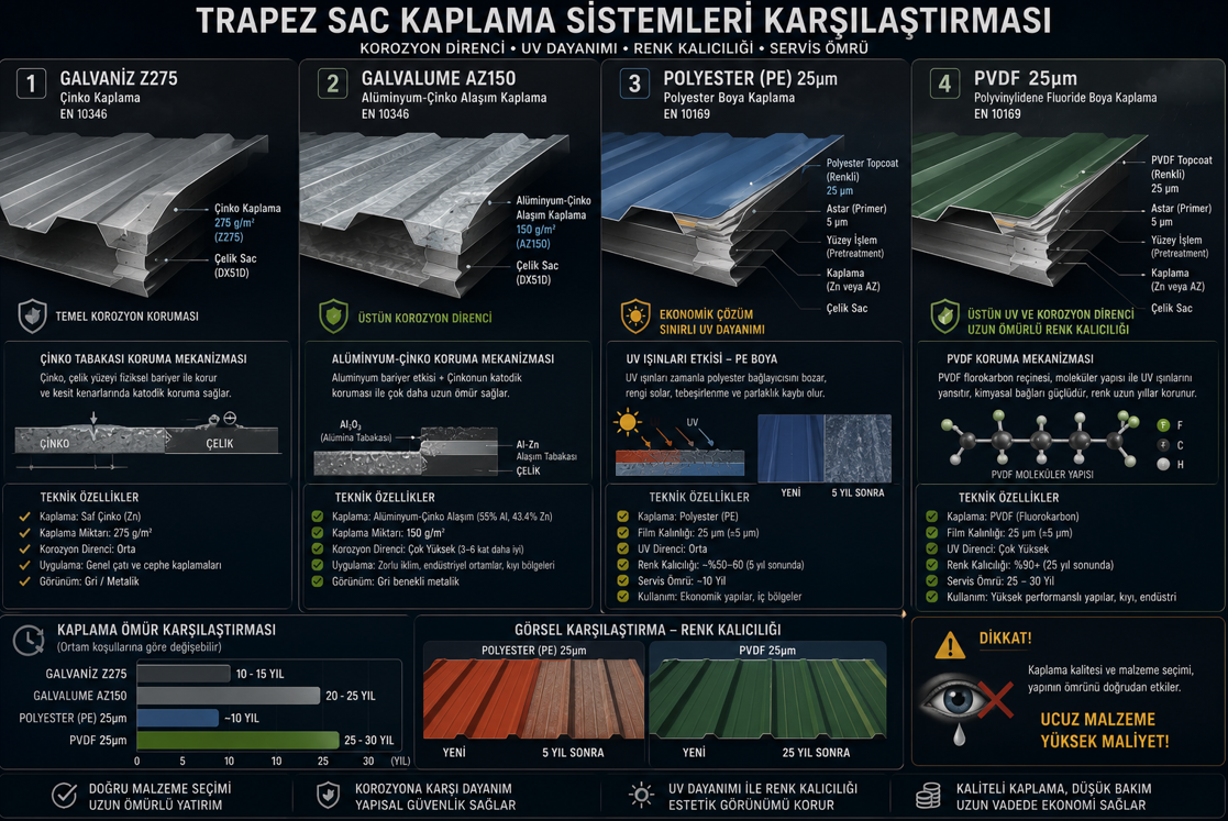 Trapez sac kaplama sistemi karşılaştırması — polyester, PVDF ve plastisol kaplama kesit kalınlıkları, UV dayanım testi ve 10 yıllık renk değişimi simülasyonu, galvalume çinko-alüminyum alaşım koruma mekanizması