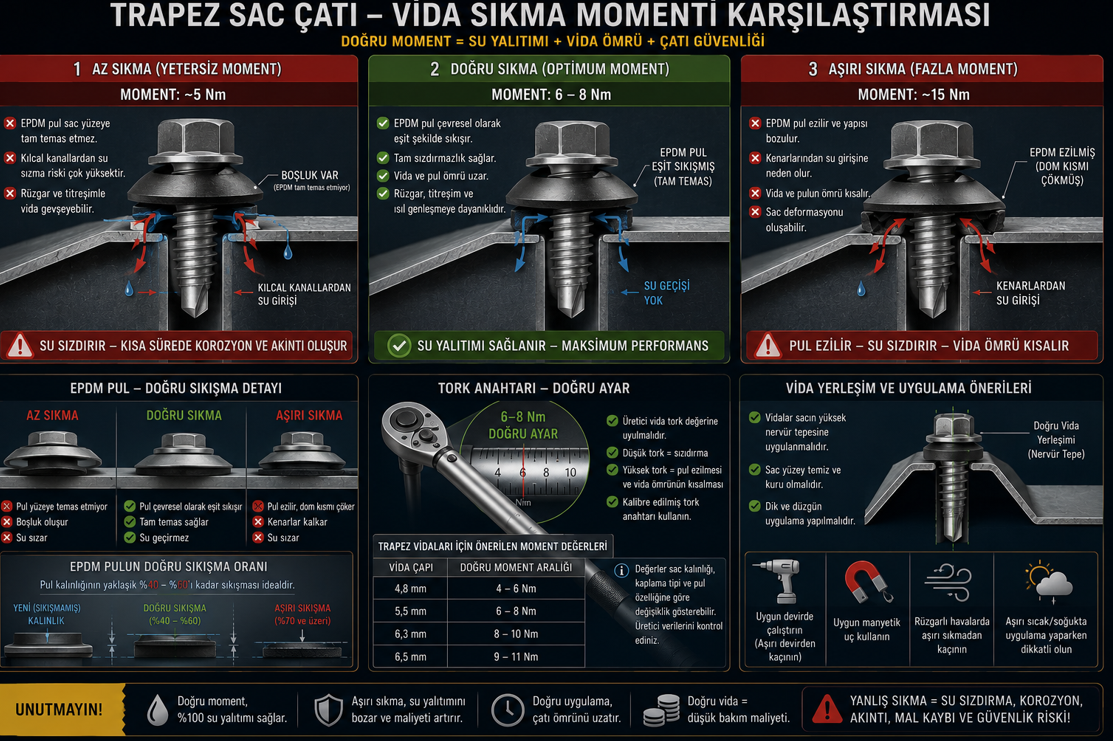 Trapez sac çatı vida sabitleme detayı — EPDM rondelaklı kendi delme vida doğru tork ile sızdırmazlık, çok sıkma EPDM ezme mekanizması ve yetersiz sıkma sızdırmazlık kaybı karşılaştırması