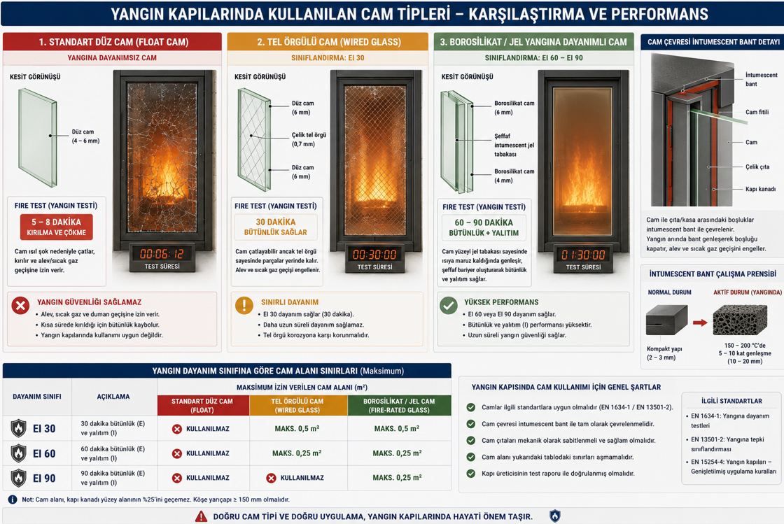 Yangın kapısı cam insert gereksinimleri — standart float cam ile yangın dayanımlı borosilikat ve tel örgülü cam karşılaştırması, EI 30/60 için maksimum cam boyutu tablosu ve kenar detayı