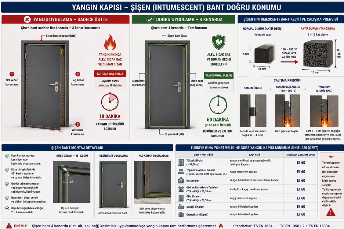 İntumescent kabaran bant konumlandırması — kapı kenarlarında 4 yön yerleşimi, yangında şişme mekanizması ve genleşme oranı, yanlış tek kenar uygulaması ile doğru 4 kenar uygulaması karşılaştırması
