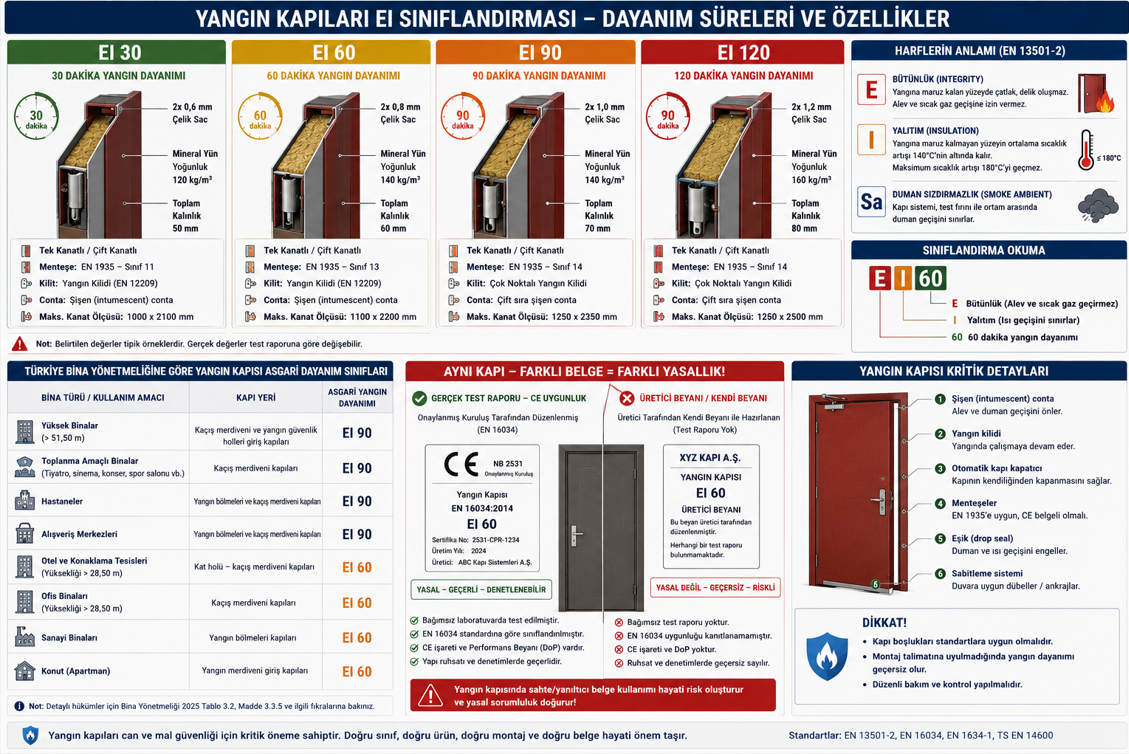 Yangın kapısı EI sınıflandırması — EI 30, EI 60, EI 90 ve EI 120 yangın dayanım süreleri, E bütünlük ve I yalıtım kriterlerinin açıklaması, Türkiye yangın yönetmeliği gereksinim tablosu