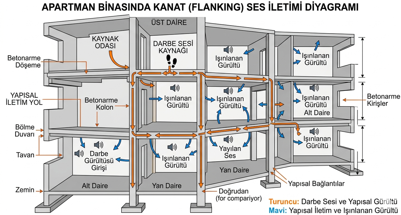 Flanking ses iletimi diyagramı — betonarme döşemeden kolon ve kirişler yoluyla alt kata ve yatay yöne titreşim yayılması