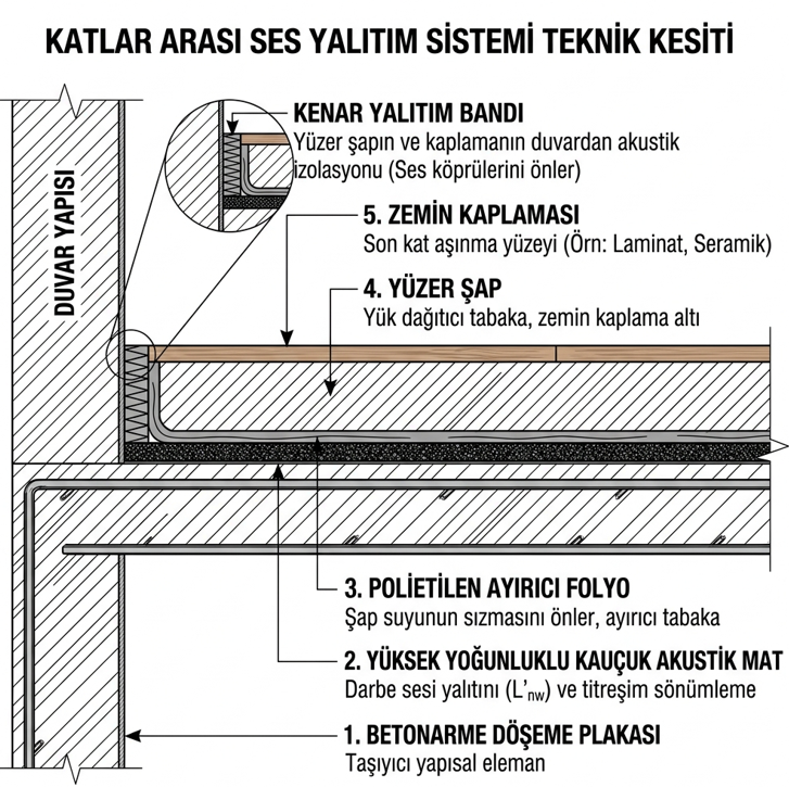 Katlar arası ses izolasyonu kesit — yüzer şap katmanları, kenar bant, kauçuk bariyer ve akustik asma tavan sistemi