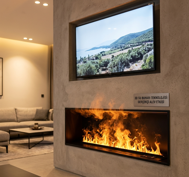 3D su buharlı elektrikli şömine — LED ışık ve su buharıyla oluşturulan gerçekçi alev efekti, TV altı kurulum örneği