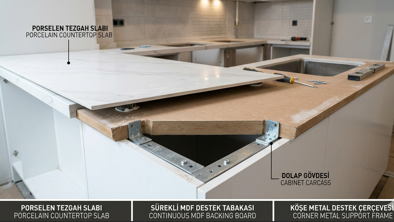 Porselen slab tezgah montajı — altlık karkas desteği ve köşe takviye detayı