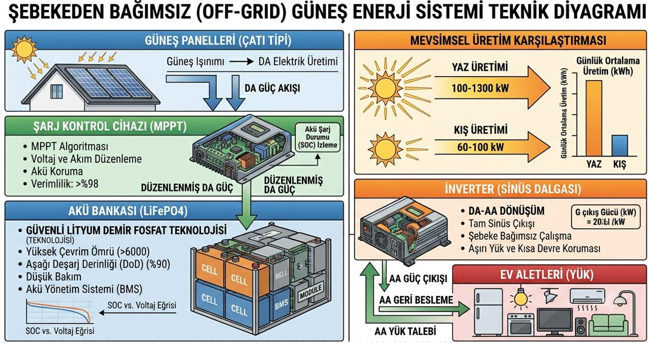 Tiny house çatı güneş paneli sistemi — lityum akü bankası, şarj regülatörü ve off-grid elektrik akış şeması