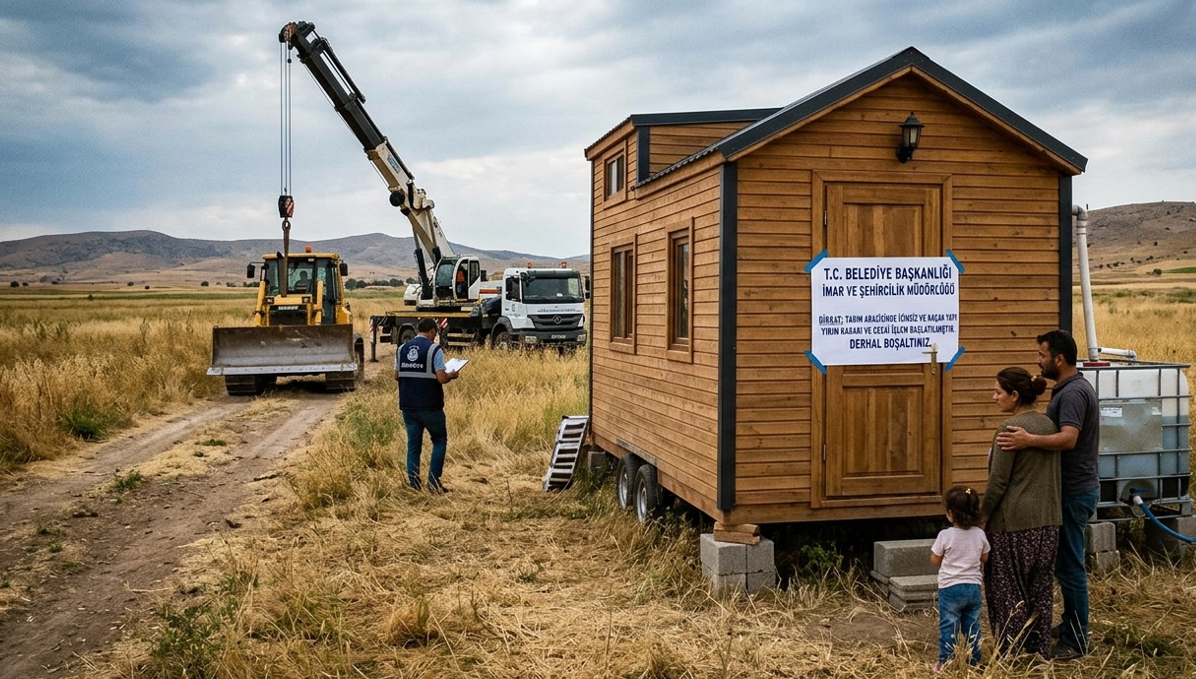 İmarsız tarlada tiny house — belediye mühürleme ve kaçak yapı işlemi başlamadan önce uyarı yazısı