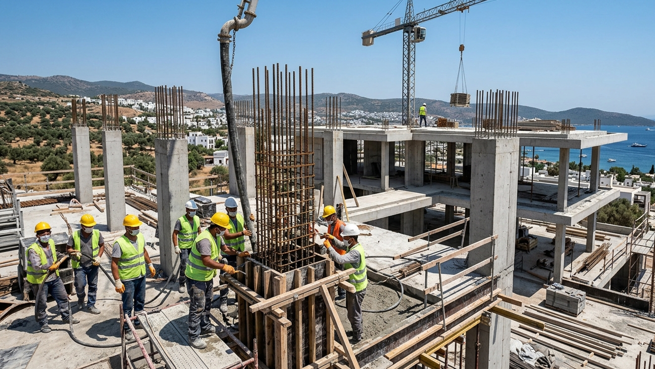 Villa kaba inşaat şantiyesinde kalıp, donatı ve beton dökümü aşamasının eş zamanlı yürütüldüğü genel görünüm