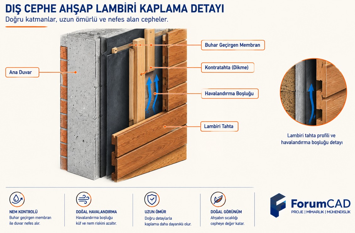 Ahşap dış cephe kaplama lambiri havalandırmalı sistem genel görünüm kesit