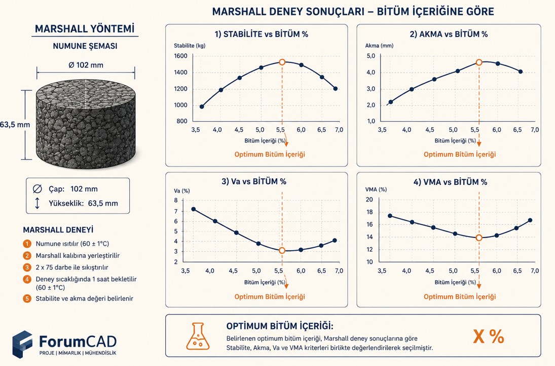 Marshall karışım tasarımı parametreleri — stabilite-akma grafiği, optimum bitüm içeriği tespiti, boşluk oranı ve VMA değerleri ile saha kontrol numune karşılaştırması