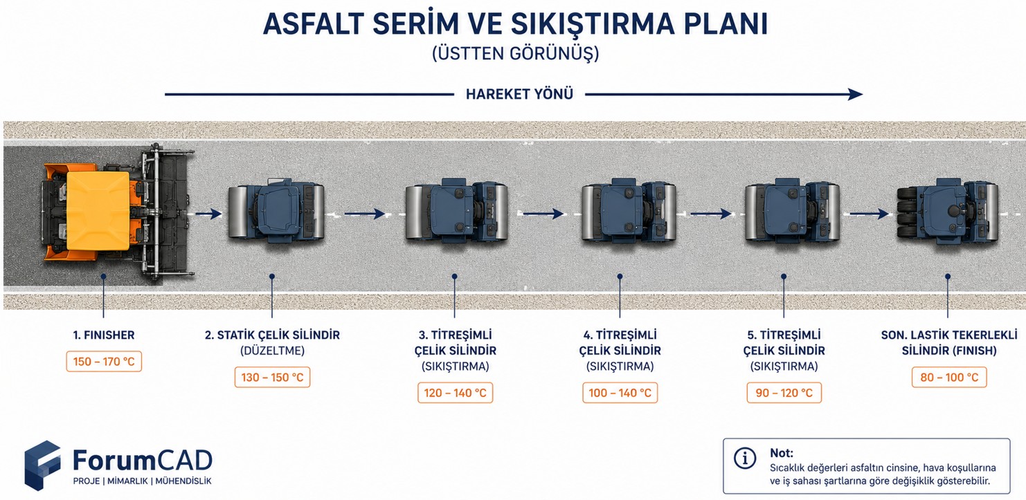 Asfalt sıkıştırma silindir geçiş düzeni — statik çelik silindir (1. geçiş), titreşimli silindir (sıkıştırma geçişleri) ve lastik tekerlekli silindir (finish geçişi) konumlandırması ve yön diyagramı