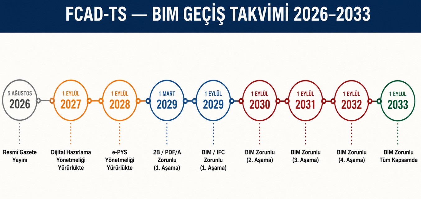 2026-2033 BIM geçiş takvimi infografiği — Türkiye dijital proje yönetmeliği yürürlük tarihleri, 2B/PDF/A ve BIM/IFC zorunluluk aşamaları