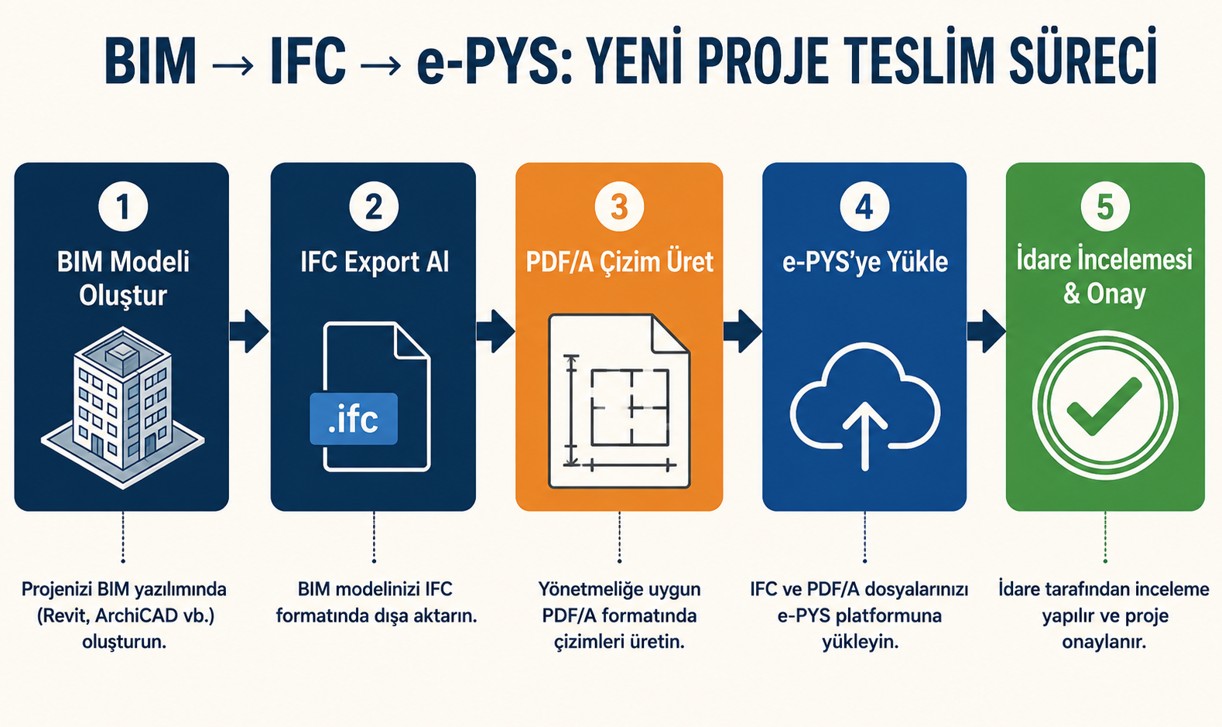 BIM'den IFC'ye e-PYS süreç akışı: BIM model oluşturma, IFC export, PDF/A çizim üretimi, e-PYS'ye elektronik teslim, idare incelemesi ve onay adımları