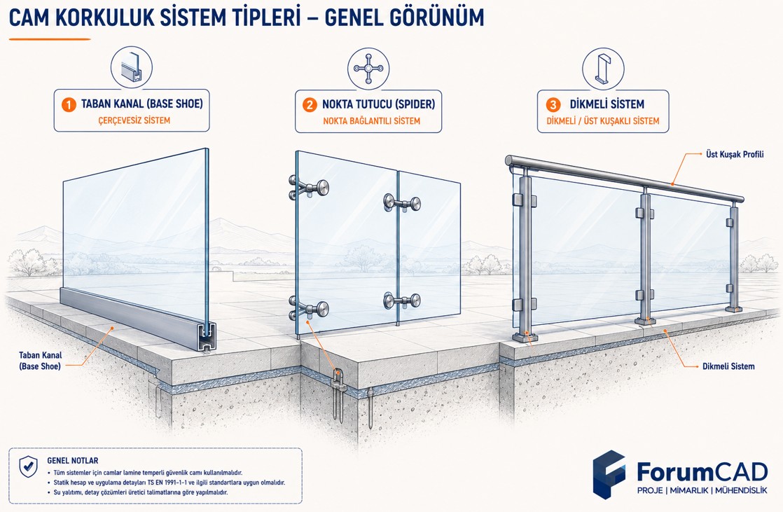 Cam korkuluk sistemi genel görünüm, taban kanal ve nokta tutucu spider sistem örnekleri