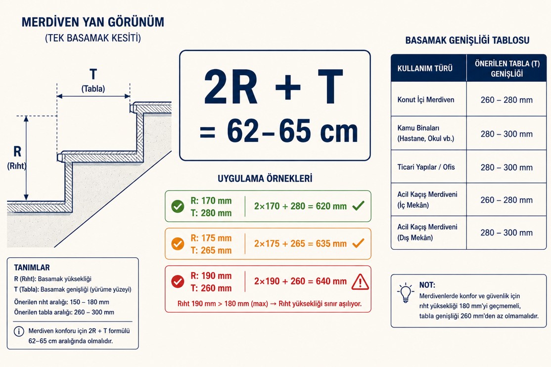 Çelik merdiven ergonomi detayı — 2R+T formülü açıklamalı şeması, rıht yüksekliği ve tabla genişliği ölçüleri, basamak burun (nosing) profili ve minimum genişlik gereksinimleri
