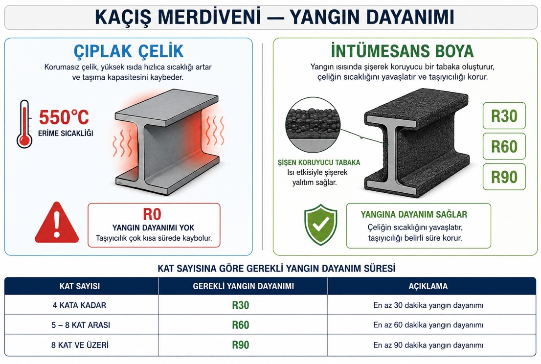 Çelik merdiven yangın dayanımı sistemleri — çıplak çelik, intümesans boya R30-R60 ve mineral yün kaplama R90-R120 katman karşılaştırması, itfaiye onay sürecine ilişkin kontrol noktaları