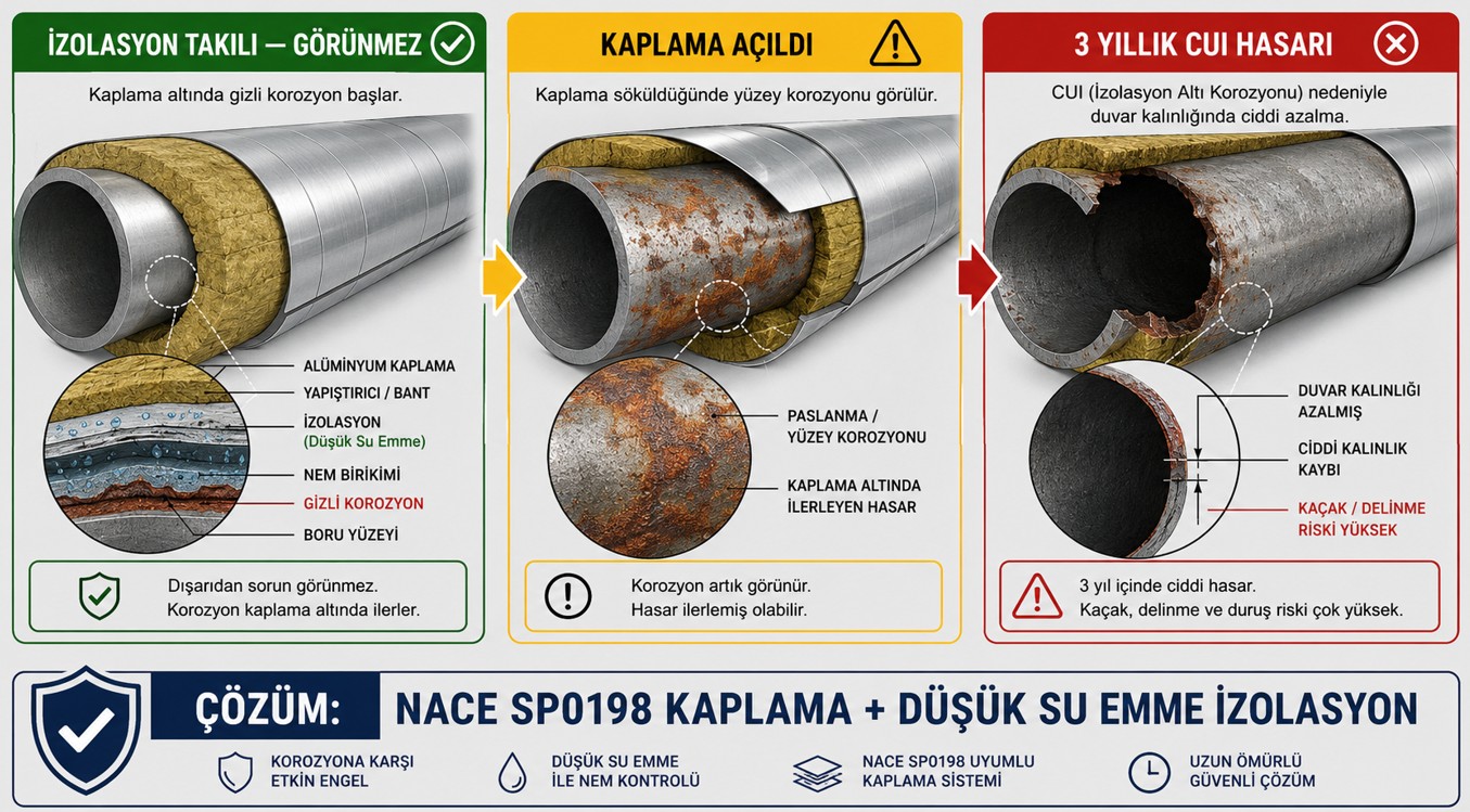 İzolasyon Altı Korozyon (CUI) hasar örneği — izolasyon kaplama altında görünmez ilerleyen korozyon, alüminyum kaplama açıldığında ortaya çıkan boru aşınması ve kesit analizi