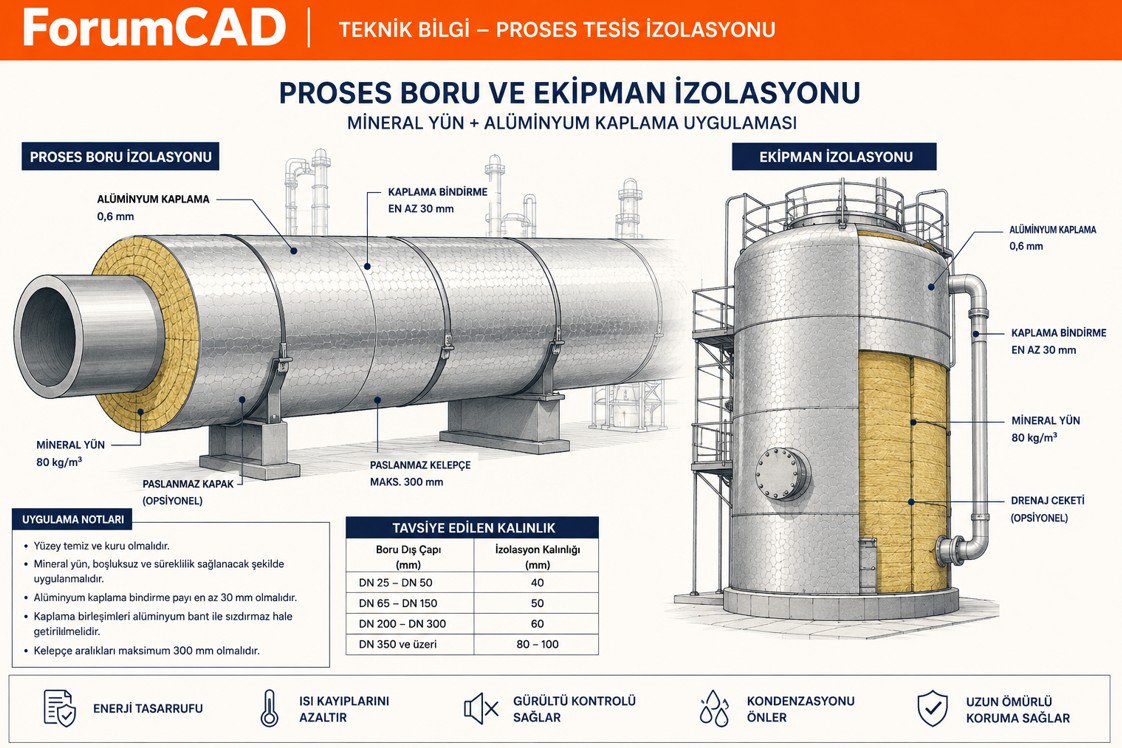 Endüstriyel termal izolasyon — mineral yün kaplı proses boruları, alüminyum kaplamalı ekipman izolasyonu ve CUI önleme sistemi genel görünümü