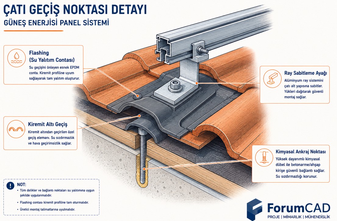 Çatı delme detayı, flashing su yalıtım geçişi ve ray sabitleme noktası