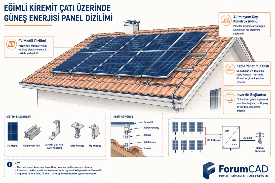 Çatı üstü güneş enerjisi paneli montaj sistemi genel görünüm, ray konstrüksiyonu ve panel dizilimi